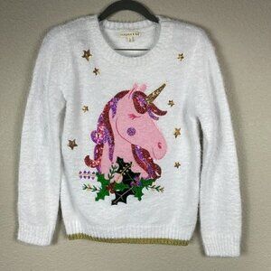New Margaux and Lexi Sequin Unicorn Eyelash Sweater Christmas Soft White Pink L